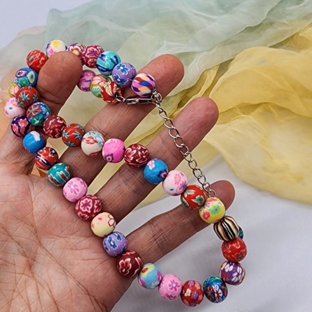❤️ Bohemian Necklace Pink Yellow Blue Handcrafted polished colorful beads